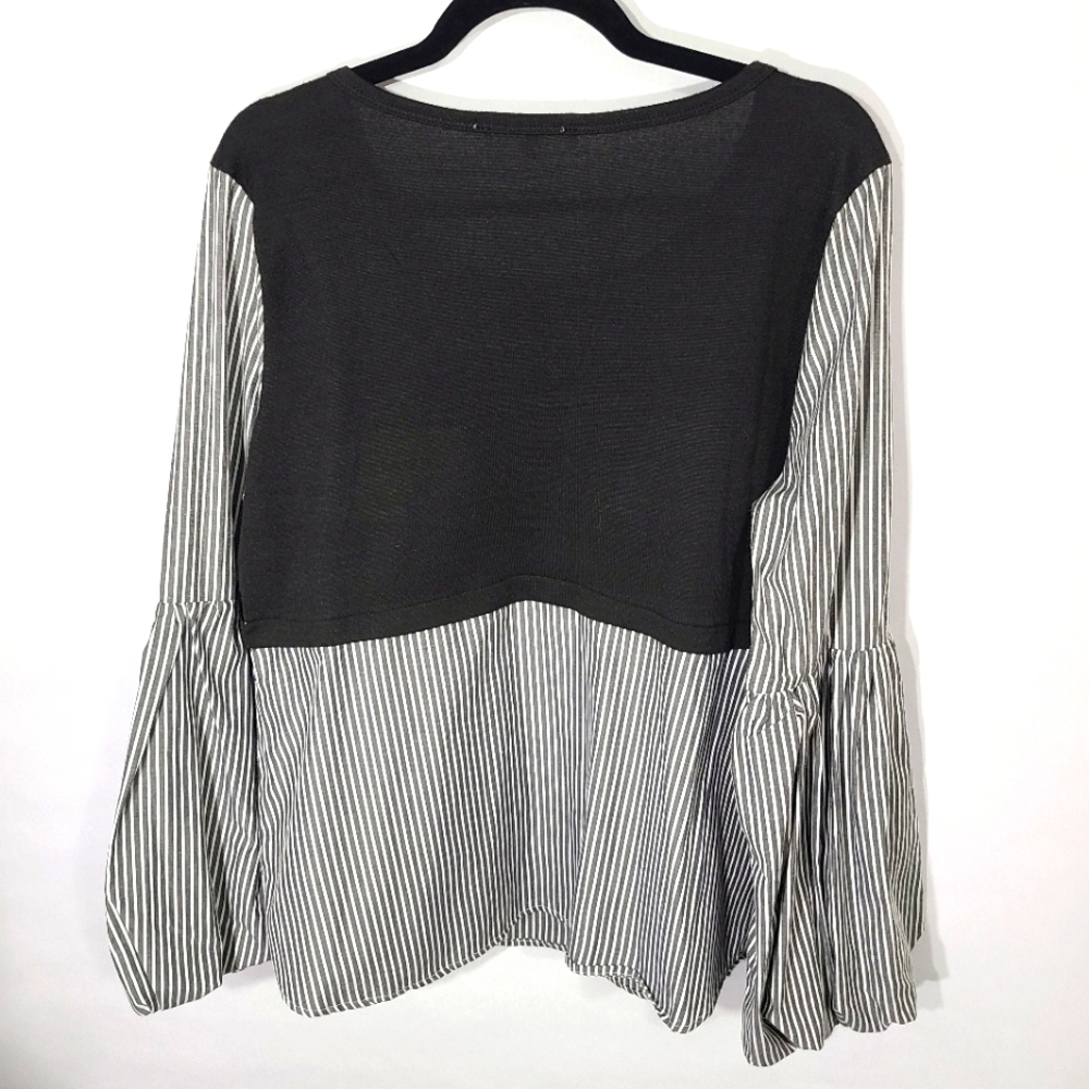 Miss Lili Women's Large Shirt Black White Striped Balloon Sleeves Unique Office - Picture 5 of 8